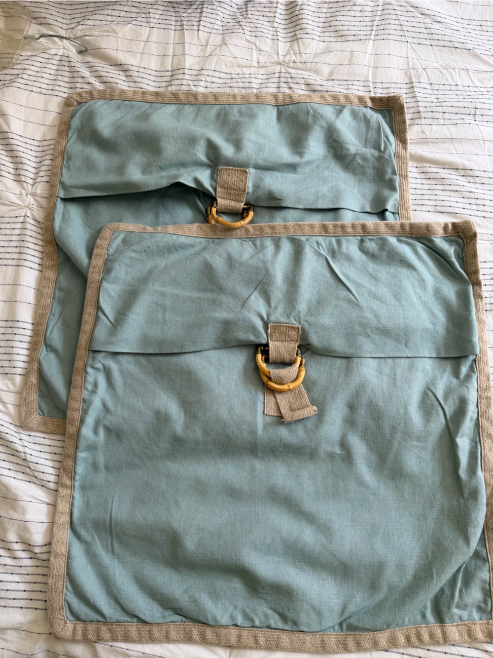2 Pottery Barn Pillow Covers Light Blue Canvas  with Tan Trim 18x18-Linen